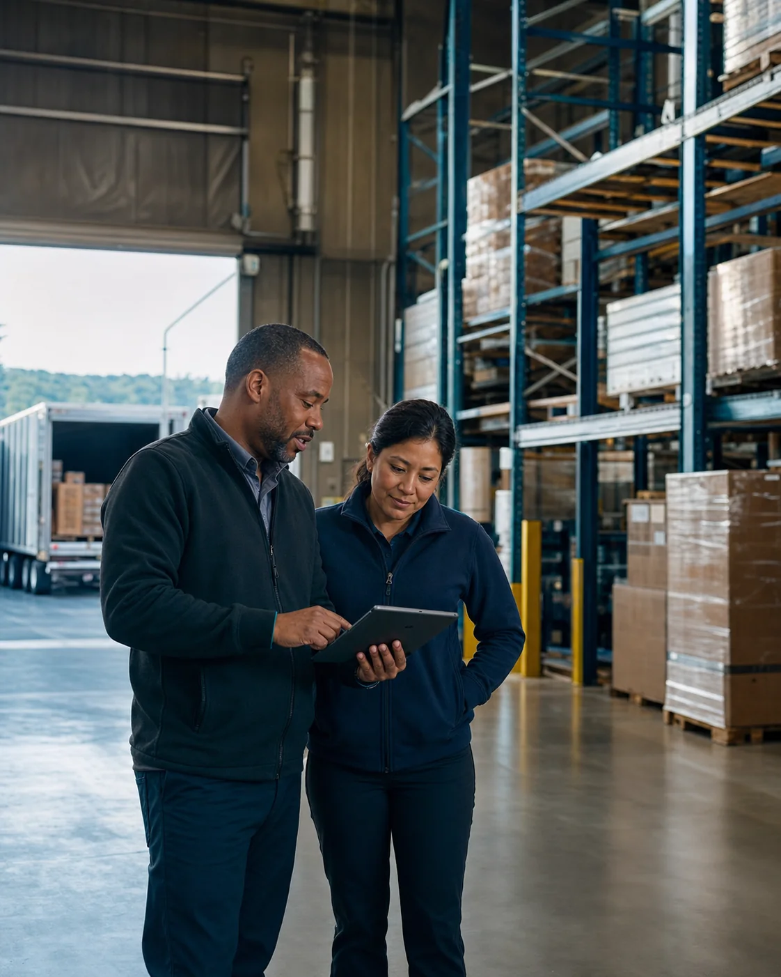 Two logistics operators reviewing warehouse operations together